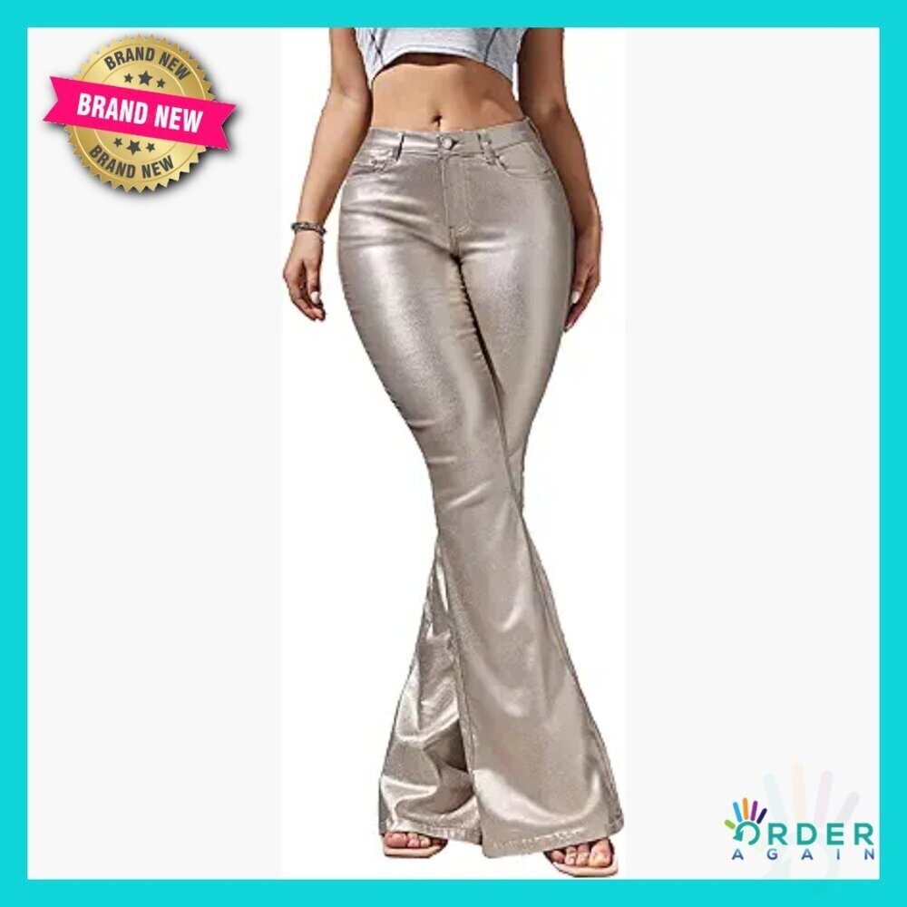 Faux Leather Flare Pants Mid Waist PU Leggings Bell Bottom with Pockets